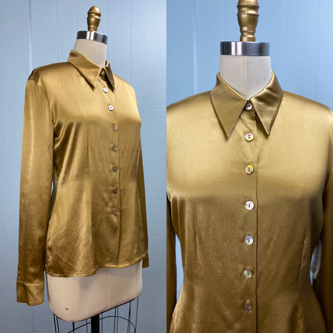 Gold Liquid Metallic Silk Hourglass Blouse Spearpoint Collar Renato Nucci