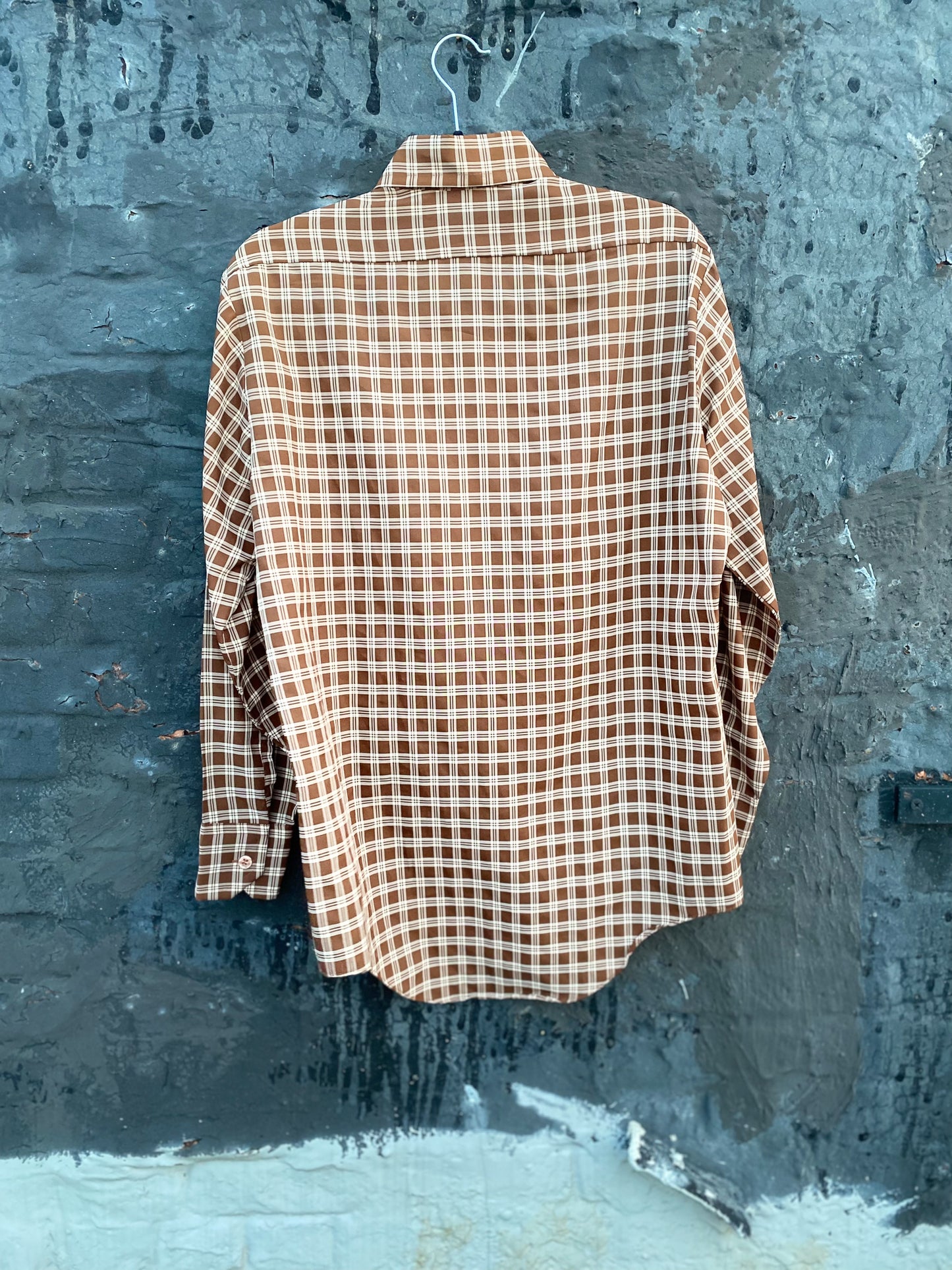 70s 80s Brown & White Plaid Dagger Collar Western Shirt | M/L