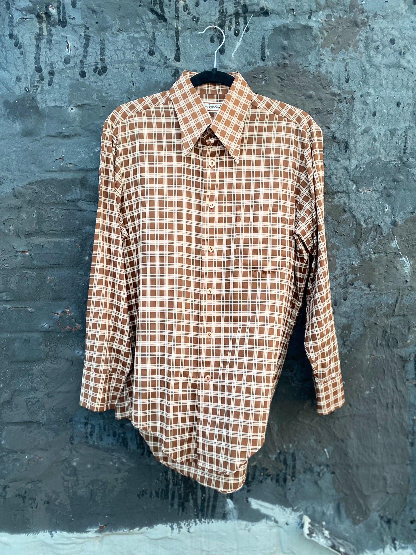70s 80s Brown & White Plaid Dagger Collar Western Shirt | M/L