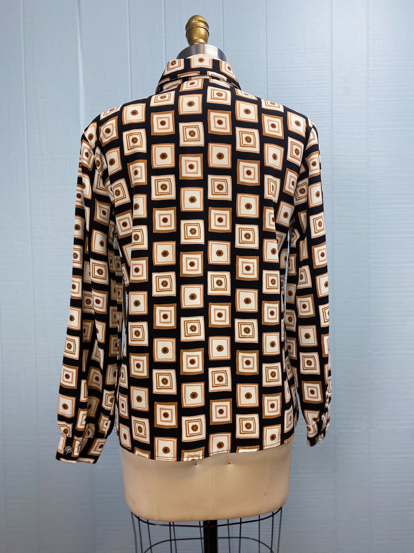 80s 90s Black Brown White Geo Floral Blouse | M