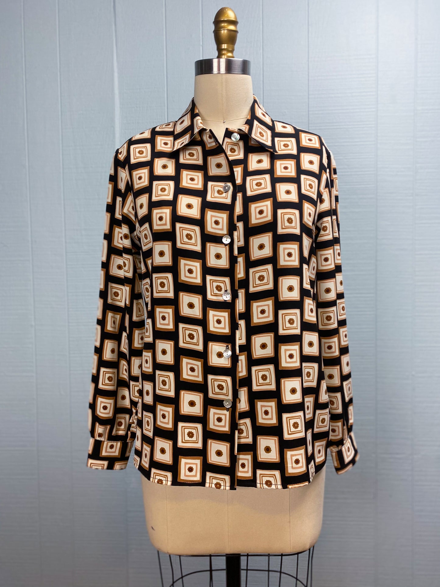 80s 90s Black Brown White Geo Floral Blouse | M