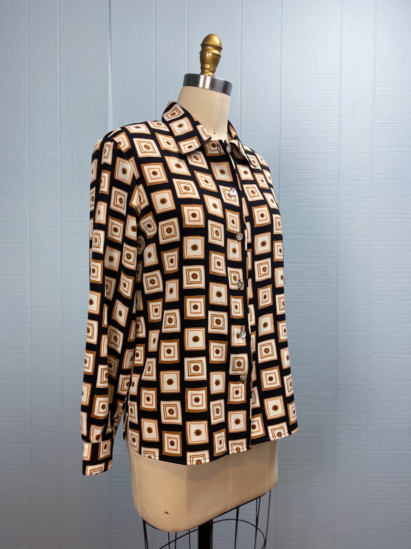 80s 90s Black Brown White Geo Floral Blouse | M
