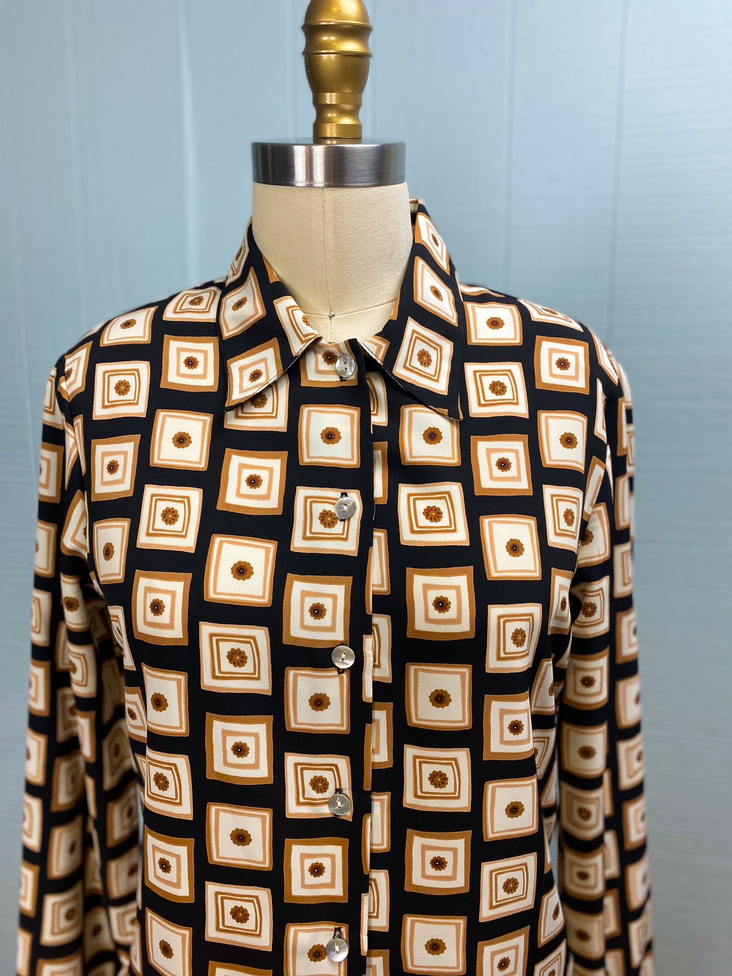 80s 90s Black Brown White Geo Floral Blouse | M