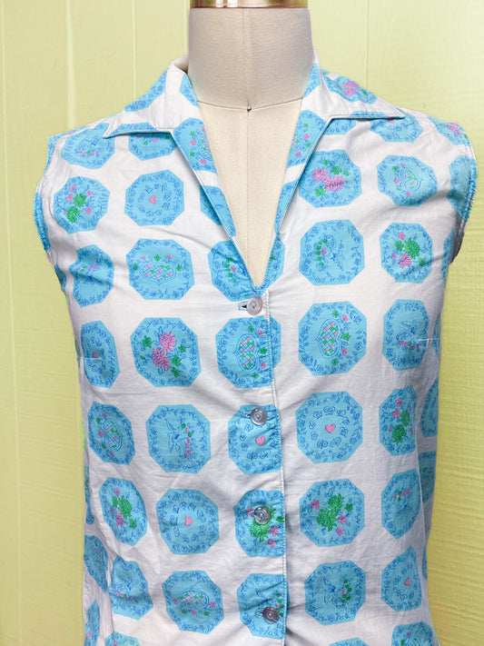 50's Hearts, Peonies & Doves Blouse | XXS/XS