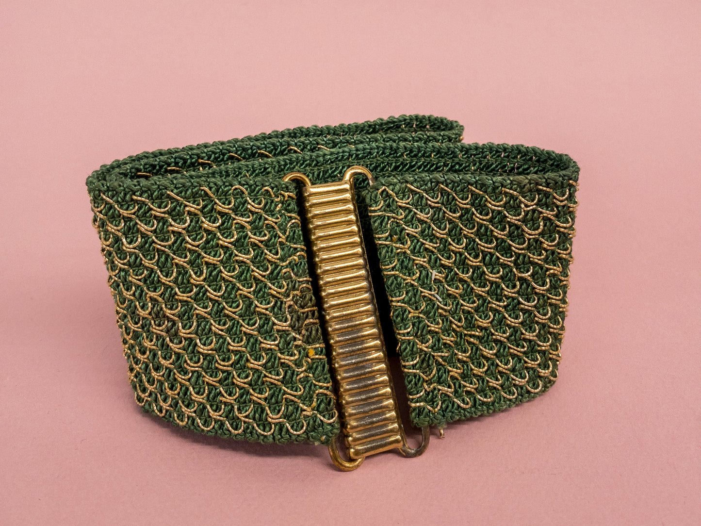 50's Mrs. Maisel Green Wide Belt Metalic Stitching Elastic Stretch