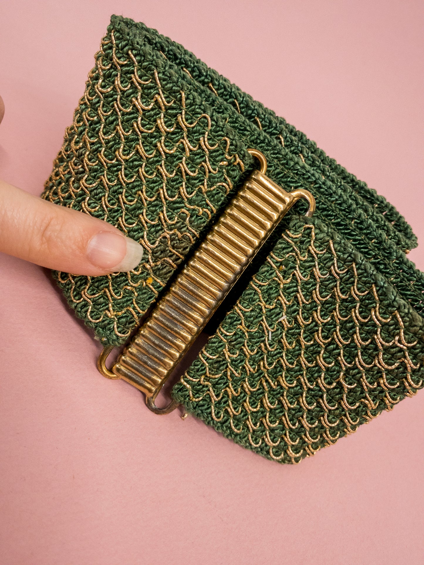 50's Mrs. Maisel Green Wide Belt Metalic Stitching Elastic Stretch
