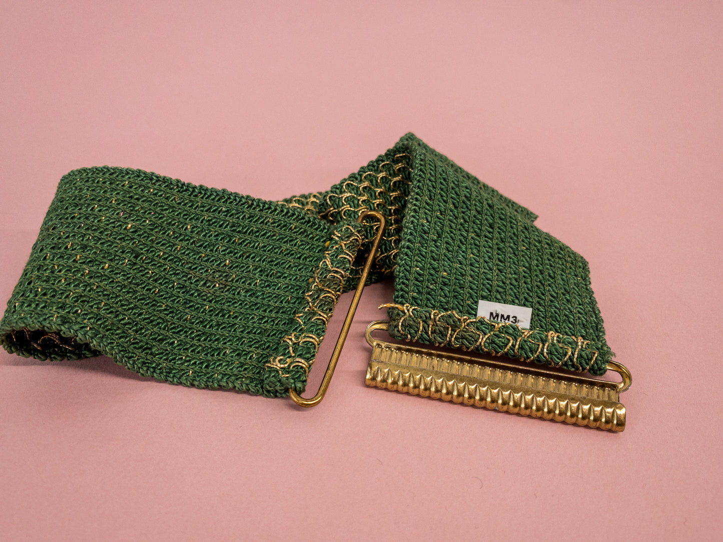 50's Mrs. Maisel Green Wide Belt Metalic Stitching Elastic Stretch