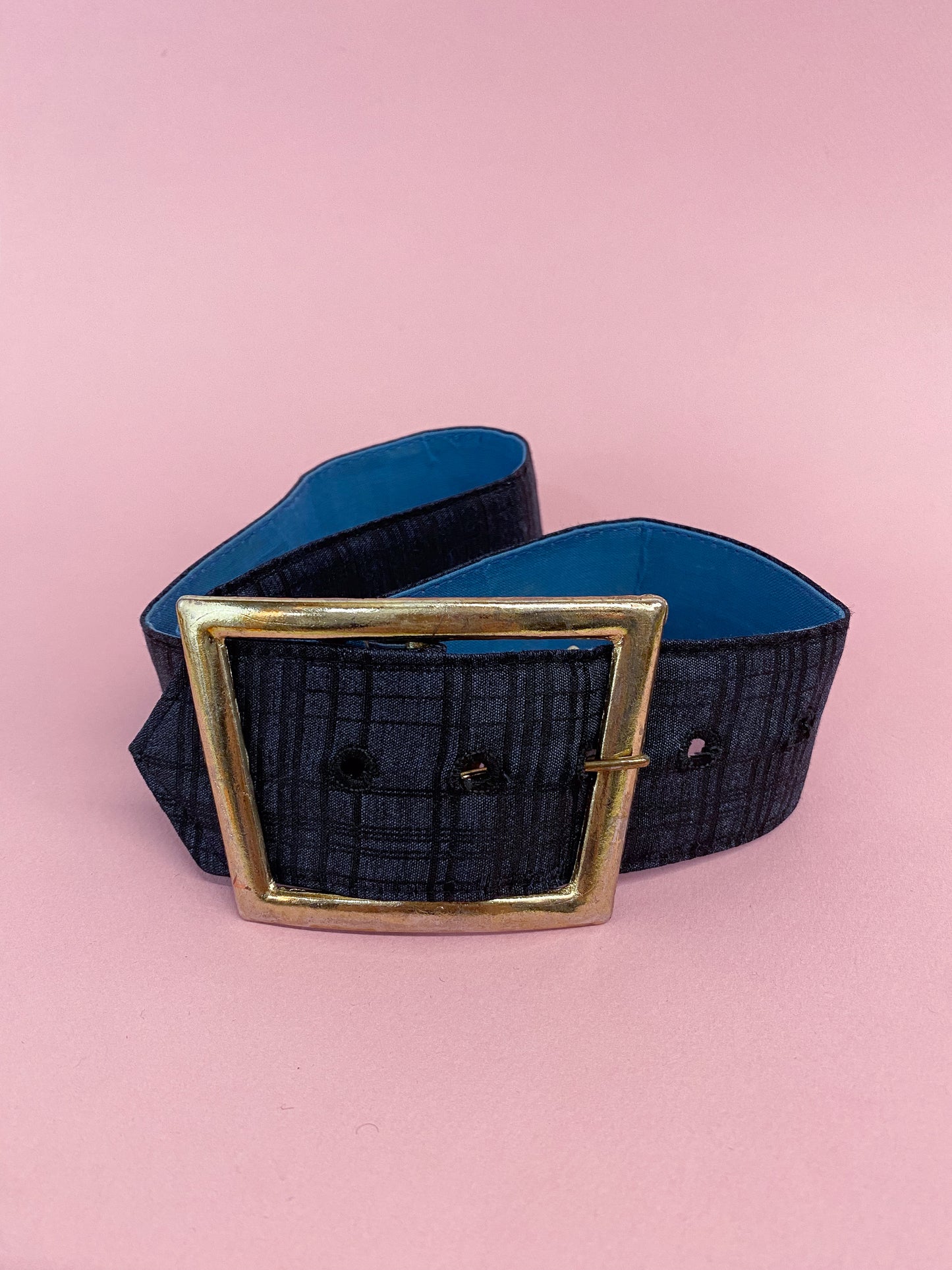50's Mrs. Maisel Navy Plaid Wide Belt Oversized Buckle