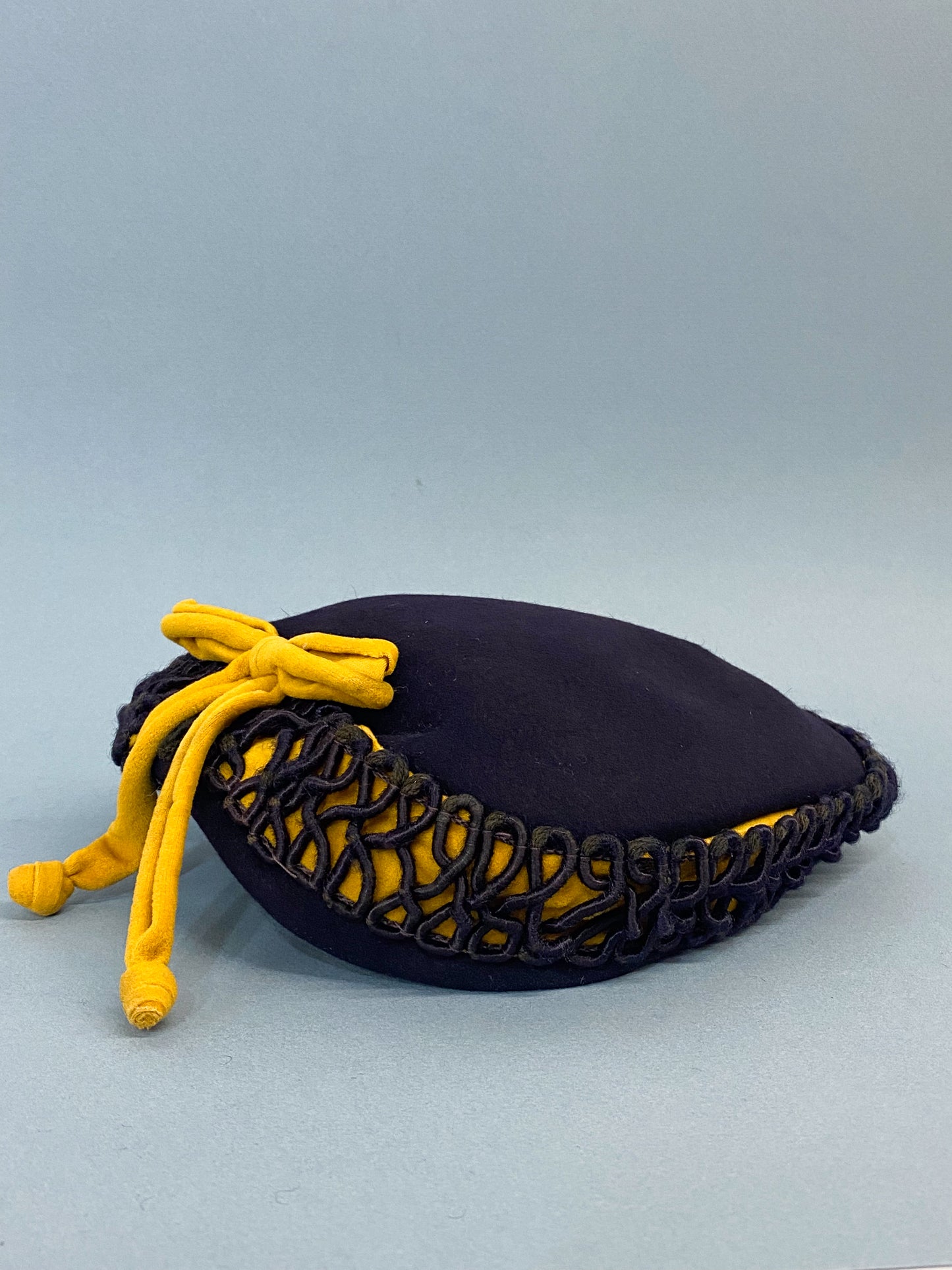 50's Mrs. Maisel Navy Wool Juliet Calot Cap Golden Yellow Bow