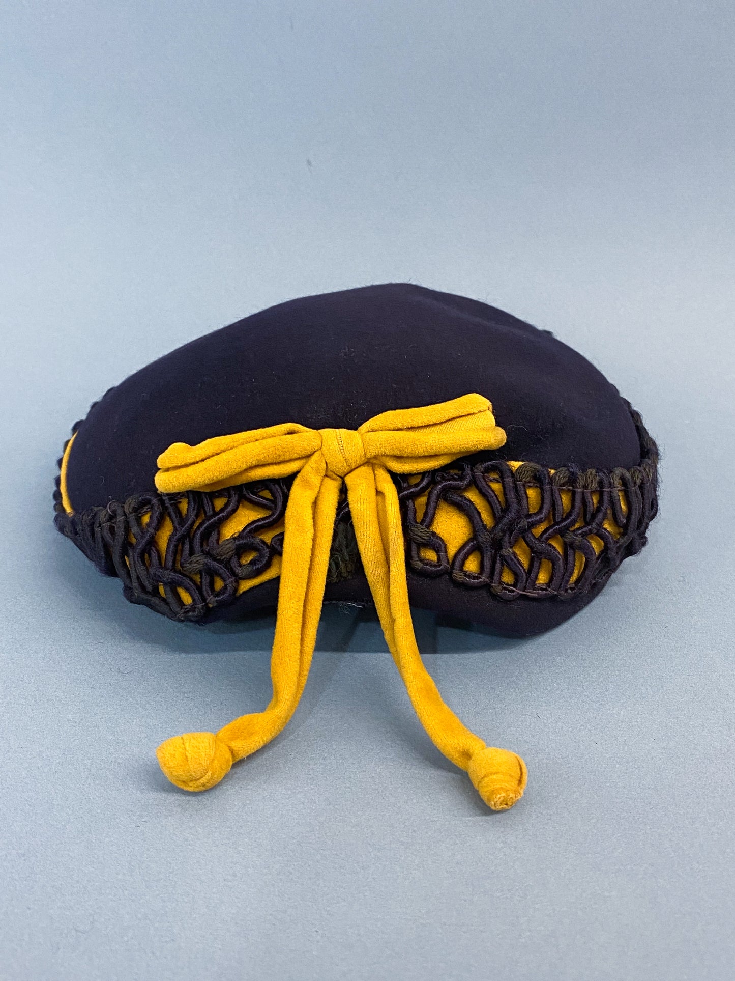 50's Mrs. Maisel Navy Wool Juliet Calot Cap Golden Yellow Bow