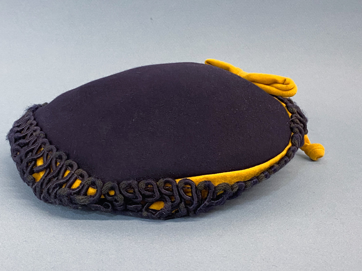 50's Mrs. Maisel Navy Wool Juliet Calot Cap Golden Yellow Bow