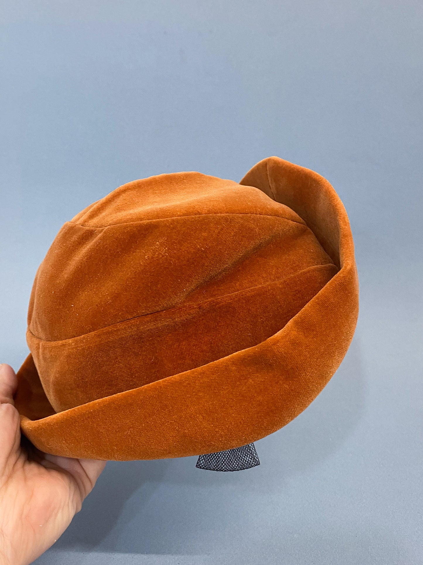 50's Mrs. Maisel Rust Orange Velvet Brimmed Juliet Calot Cap