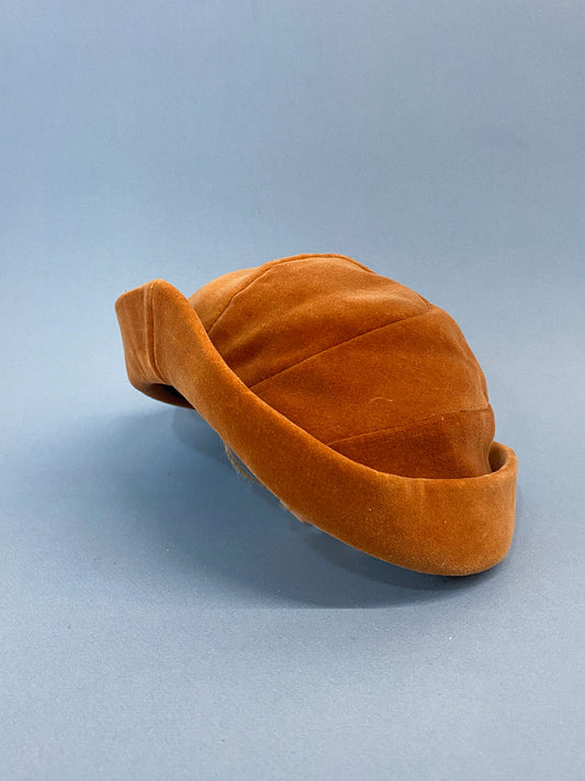 50's Mrs. Maisel Rust Orange Velvet Brimmed Juliet Calot Cap