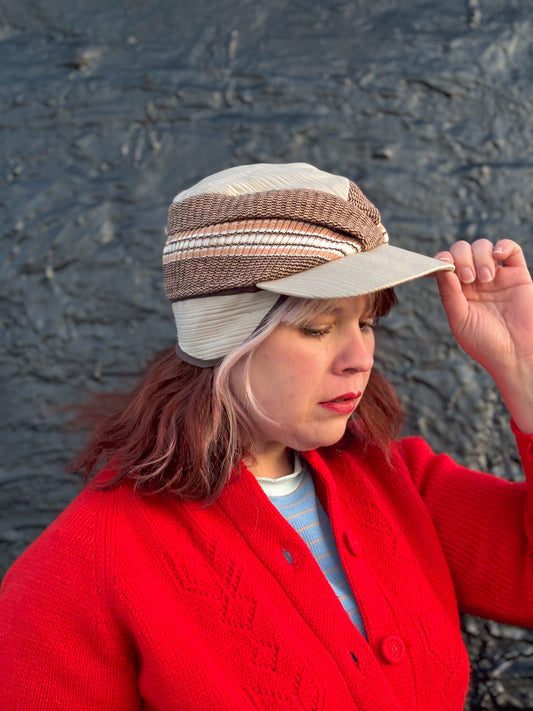 50's Mrs. Maisel Tan & Brown Sweater Ribbed Earflap Winter Hat