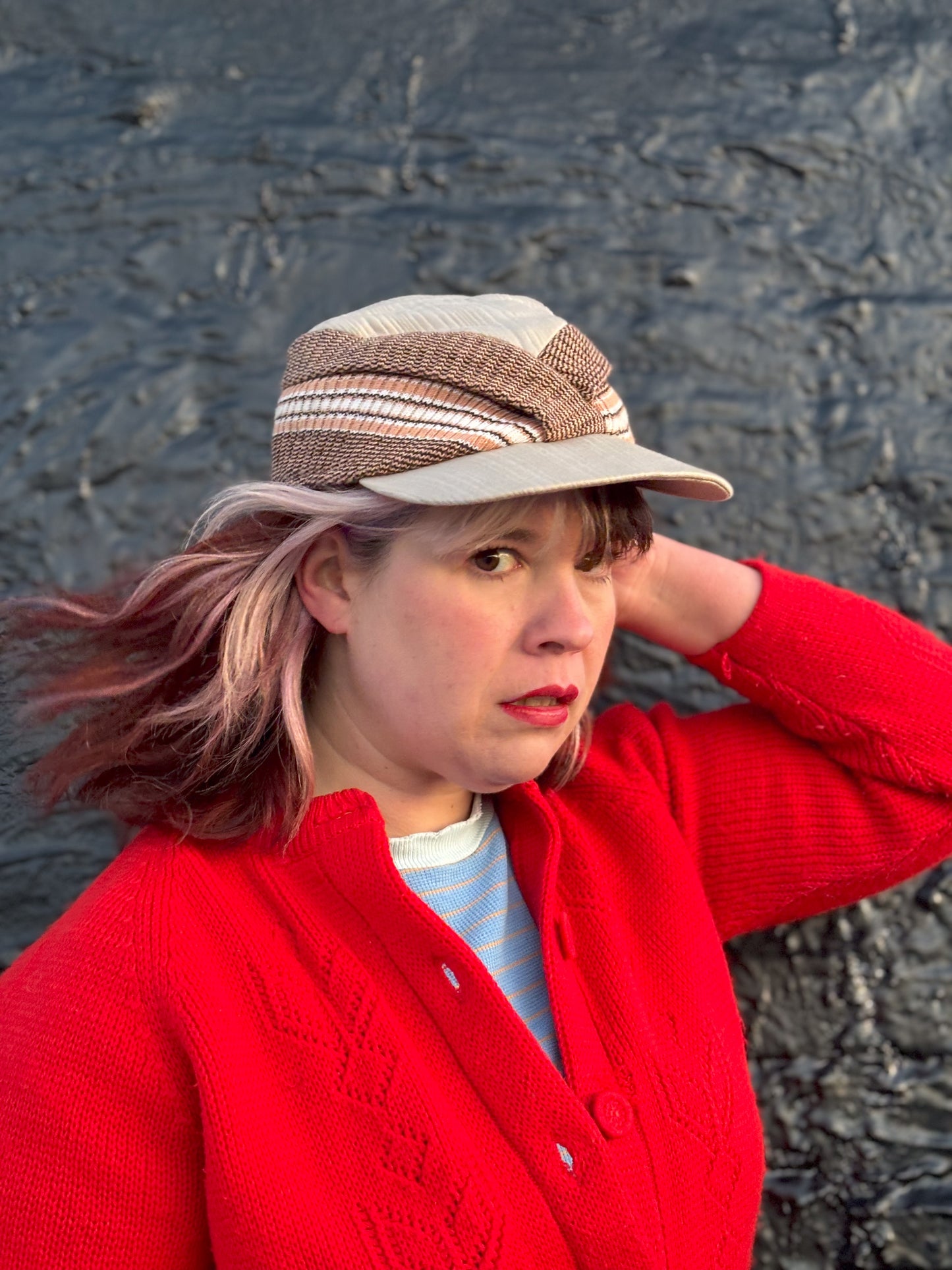 50's Mrs. Maisel Tan & Brown Sweater Ribbed Earflap Winter Hat