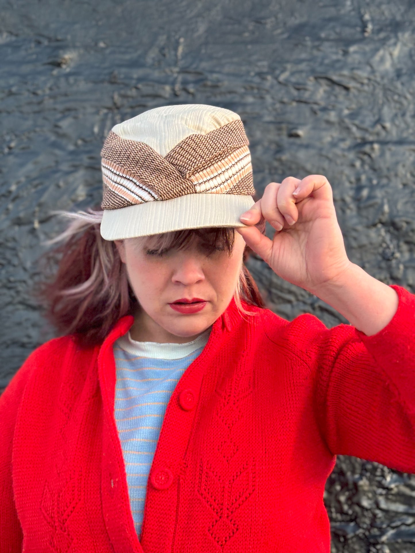 50's Mrs. Maisel Tan & Brown Sweater Ribbed Earflap Winter Hat