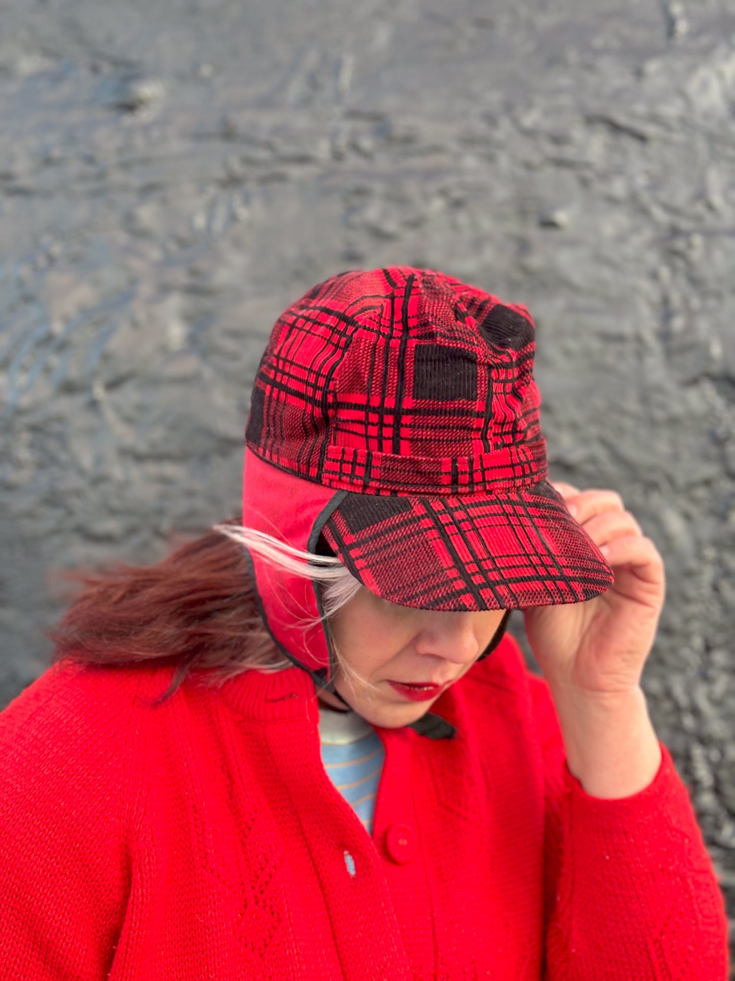 50's Mrs. Maisel Red & Black Tartan Corduroy Earflap Winter Baseball Cap