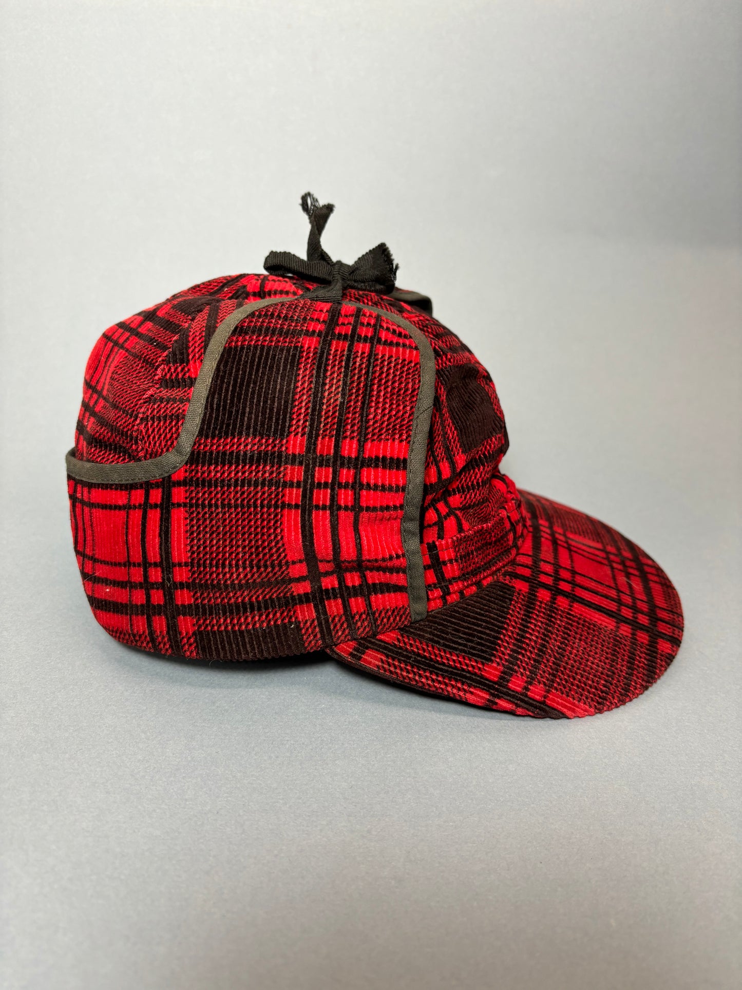 50's Mrs. Maisel Red & Black Tartan Corduroy Earflap Winter Baseball Cap