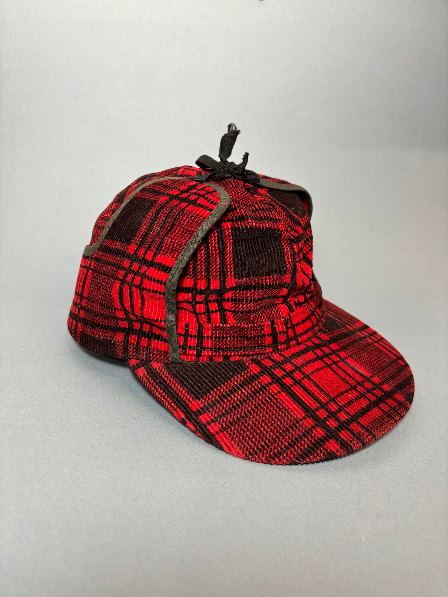 50's Mrs. Maisel Red & Black Tartan Corduroy Earflap Winter Baseball Cap