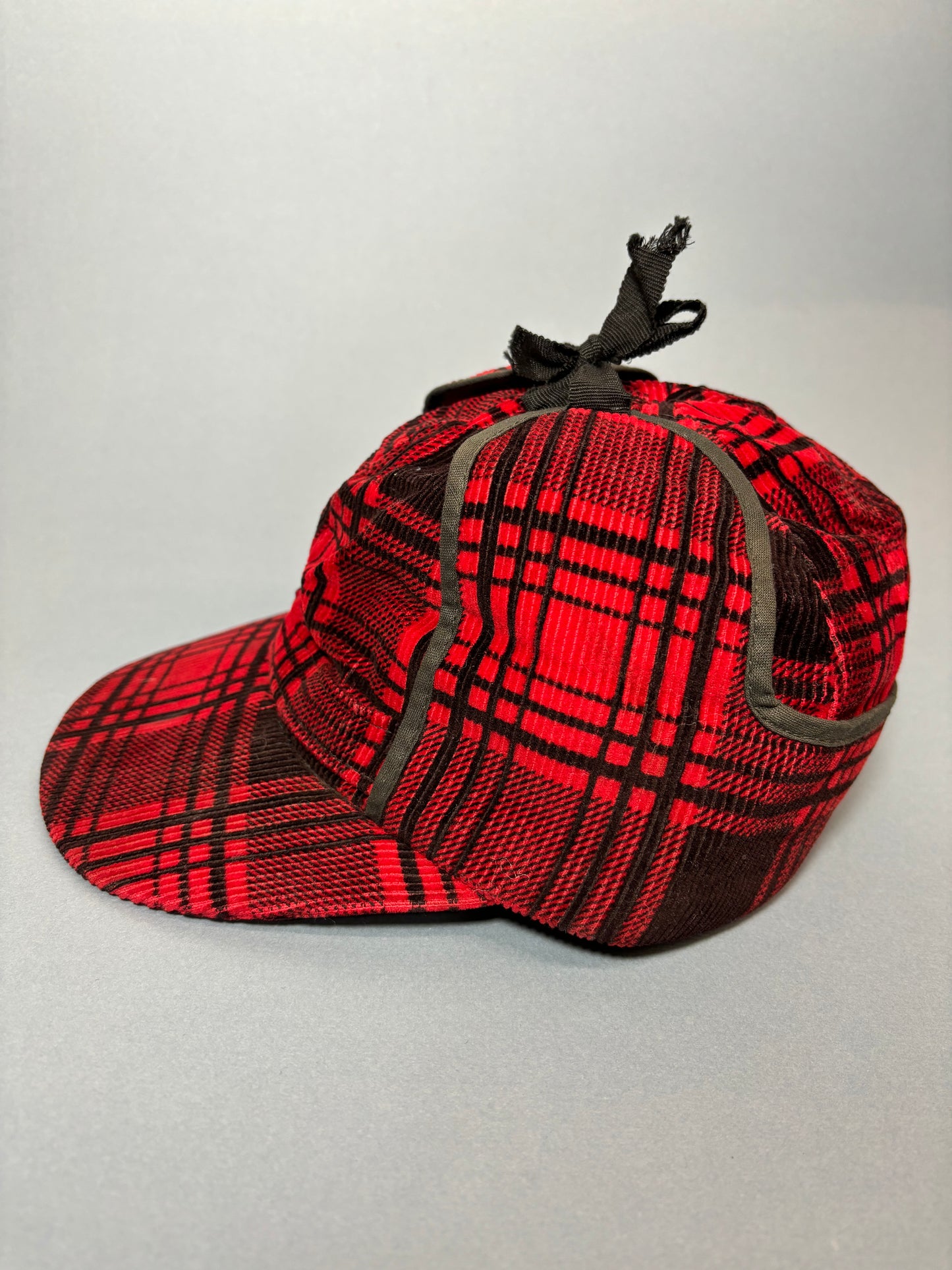 50's Mrs. Maisel Red & Black Tartan Corduroy Earflap Winter Baseball Cap
