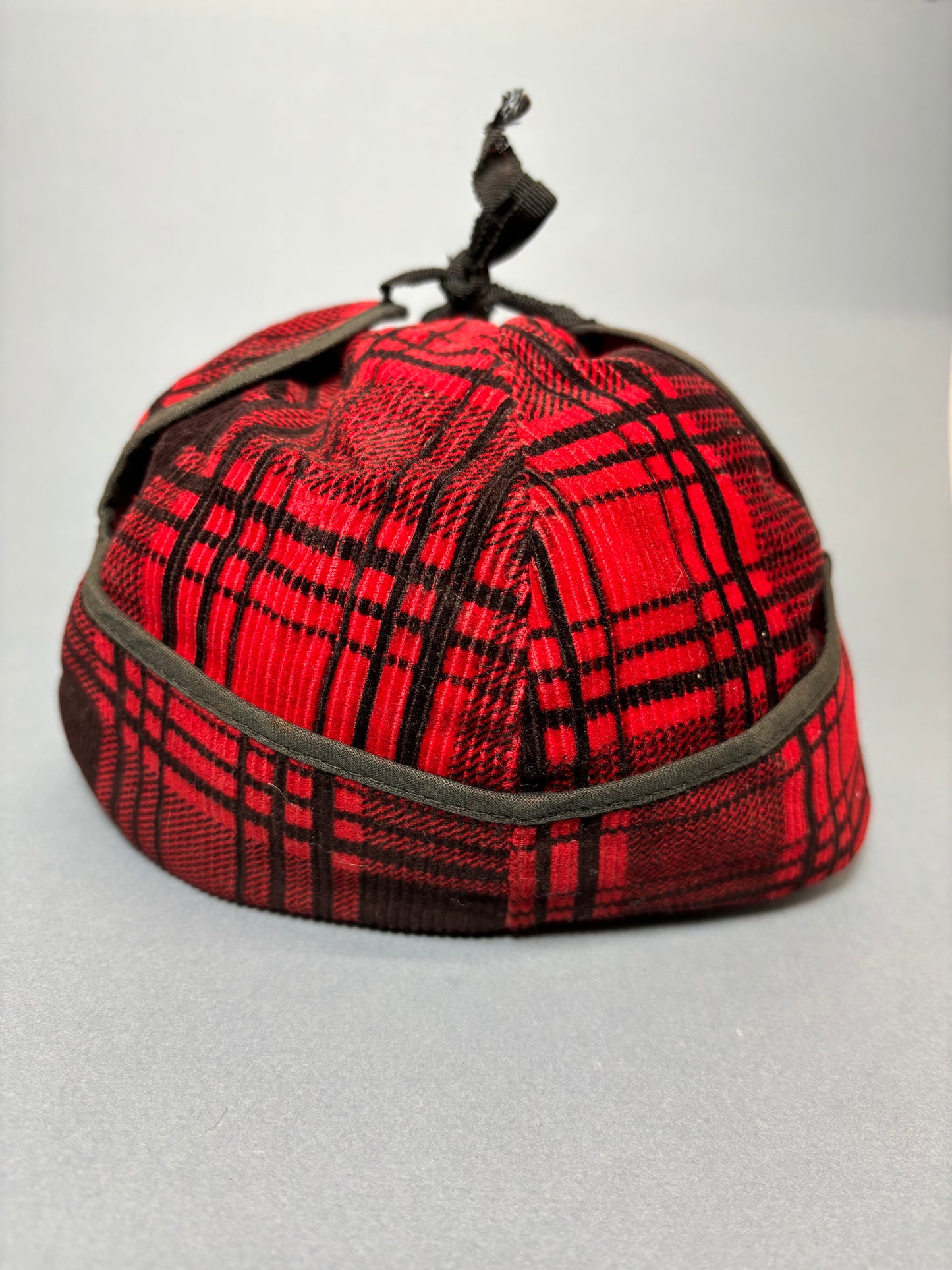 50's Mrs. Maisel Red & Black Tartan Corduroy Earflap Winter Baseball Cap