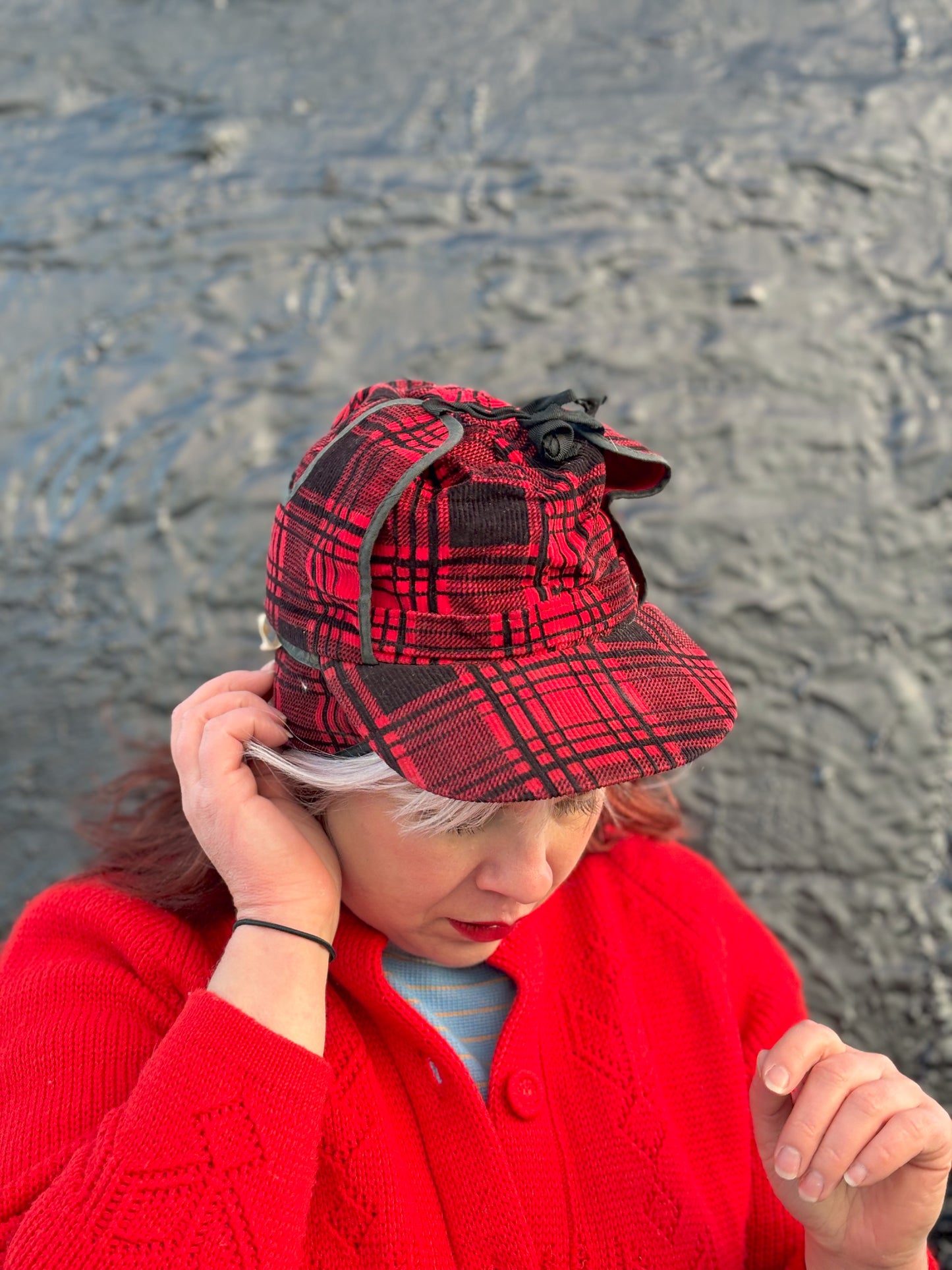 50's Mrs. Maisel Red & Black Tartan Corduroy Earflap Winter Baseball Cap