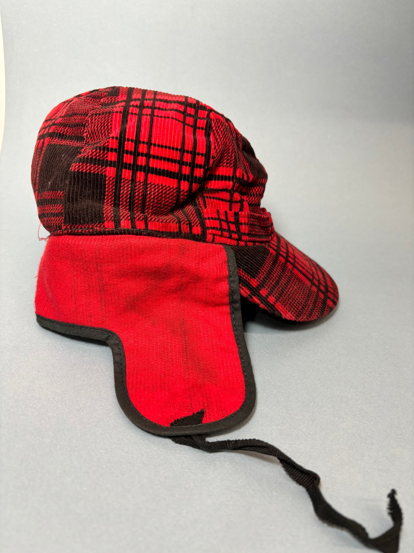 50's Mrs. Maisel Red & Black Tartan Corduroy Earflap Winter Baseball Cap