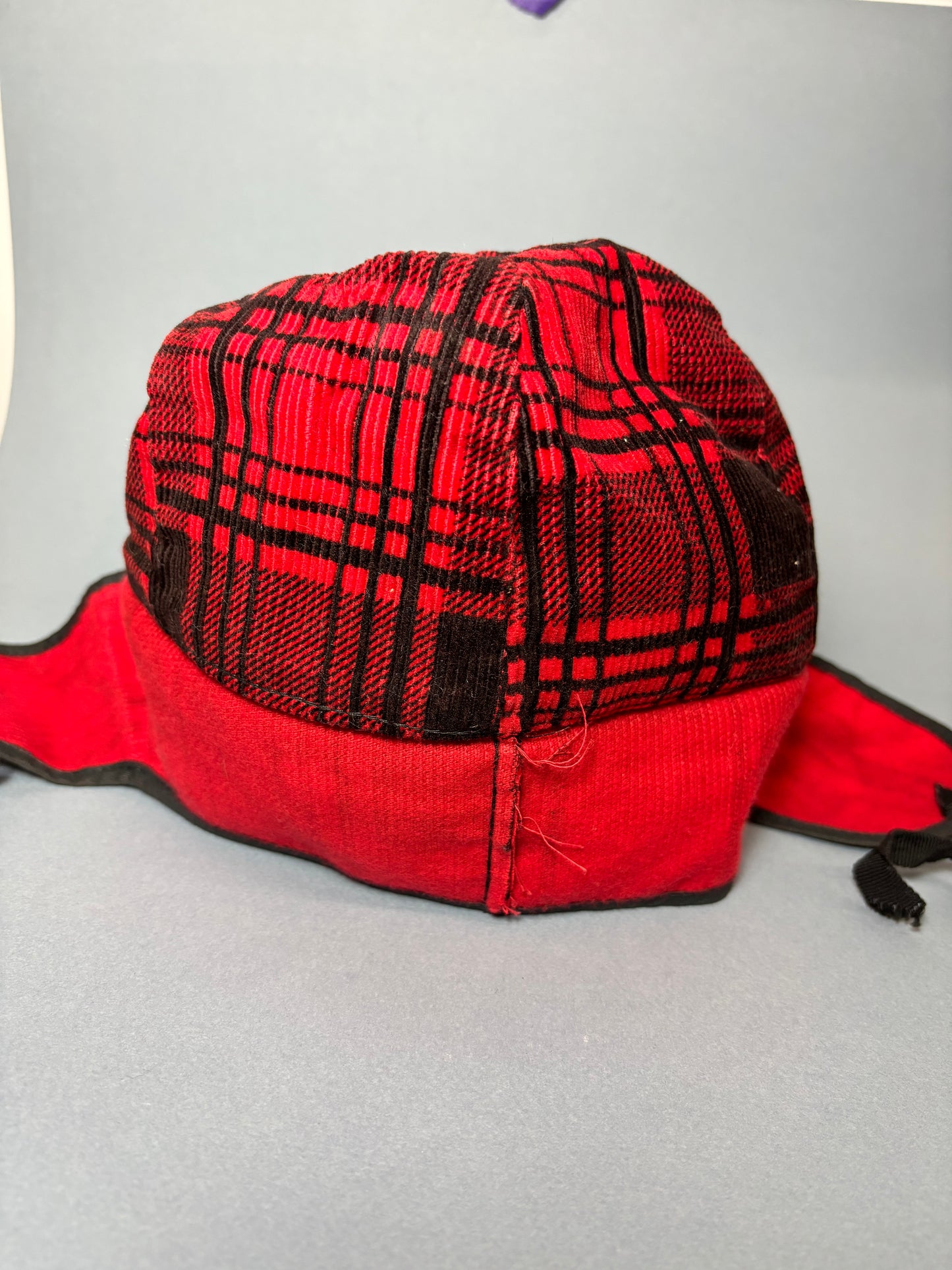 50's Mrs. Maisel Red & Black Tartan Corduroy Earflap Winter Baseball Cap