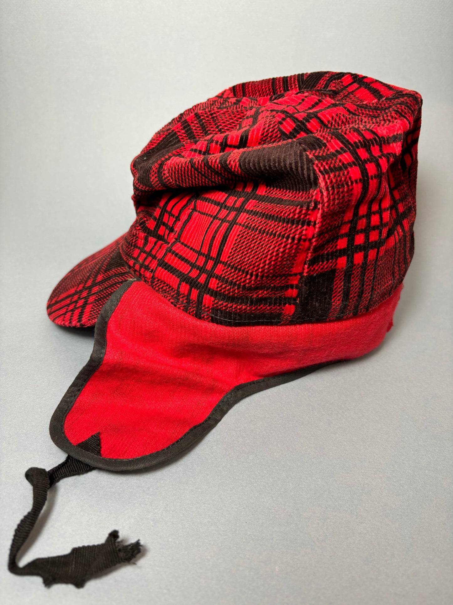 50's Mrs. Maisel Red & Black Tartan Corduroy Earflap Winter Baseball Cap