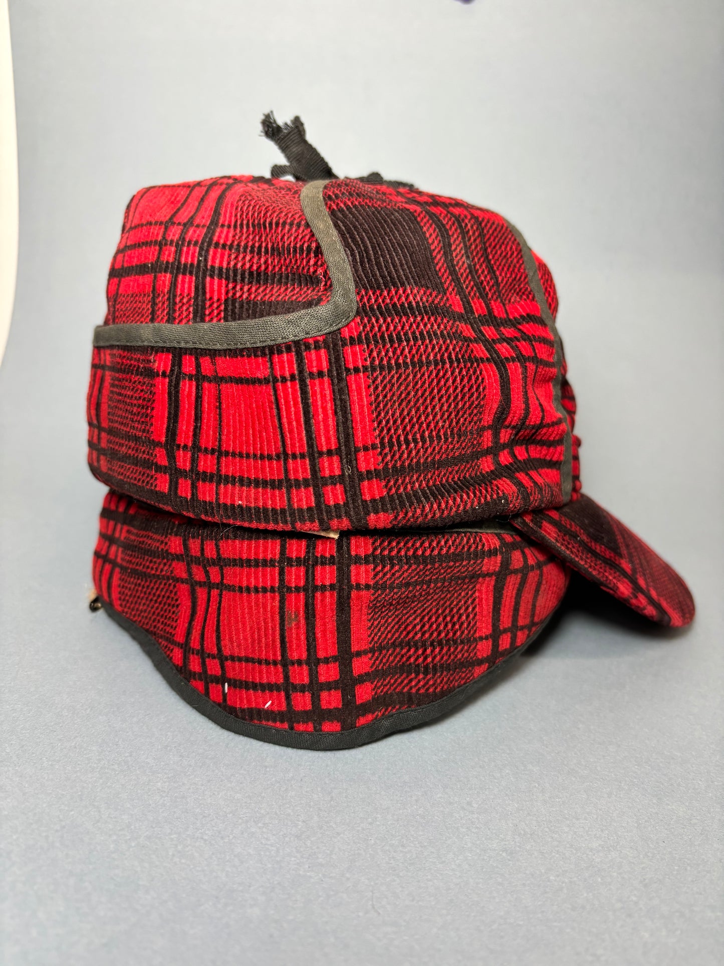 50's Mrs. Maisel Red & Black Tartan Corduroy Earflap Winter Baseball Cap