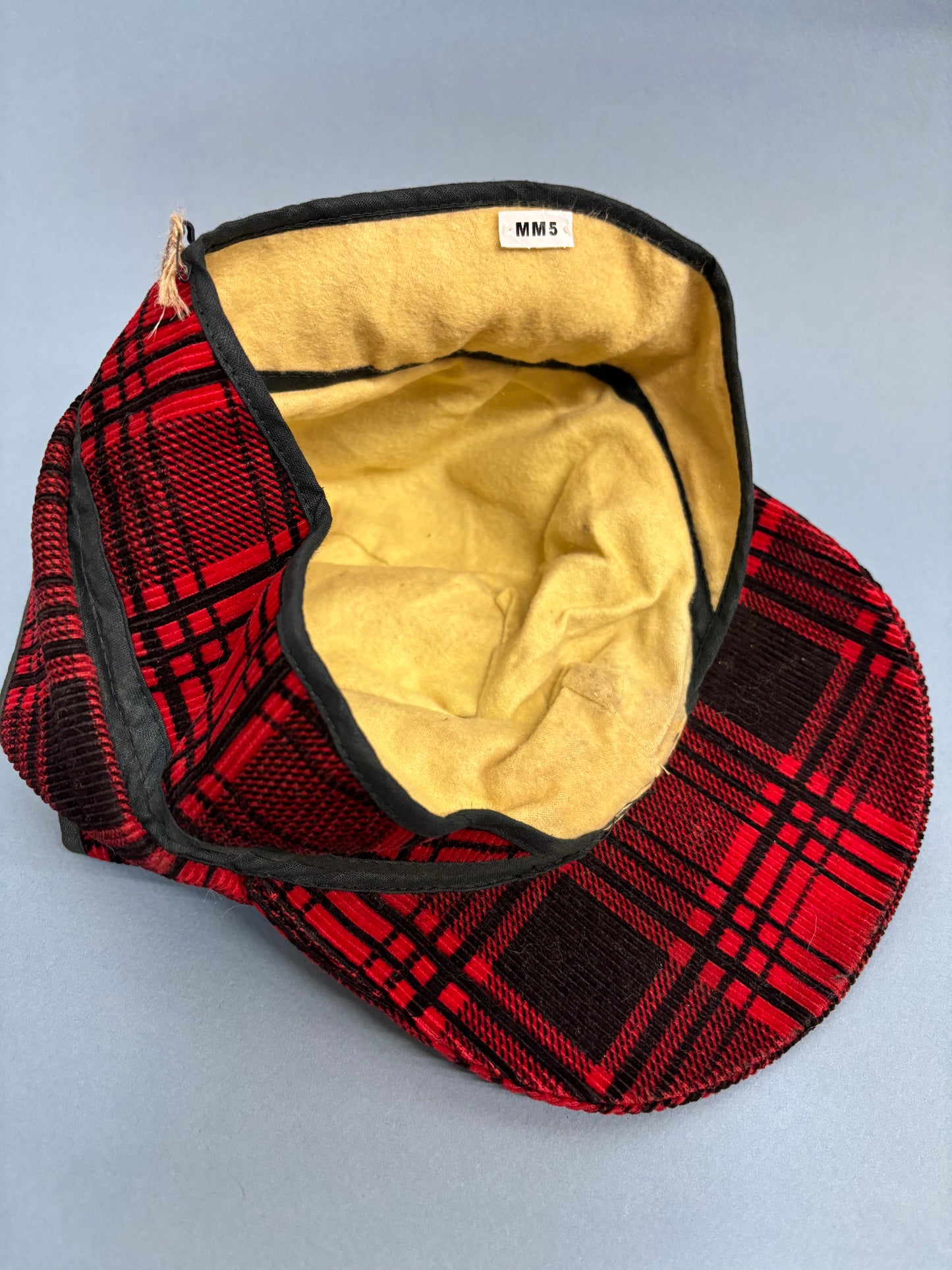 50's Mrs. Maisel Red & Black Tartan Corduroy Earflap Winter Baseball Cap