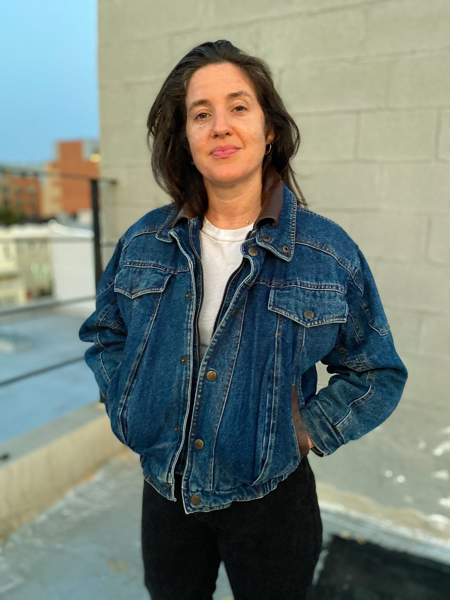 80's Denim Bomber Brown Leather Collar