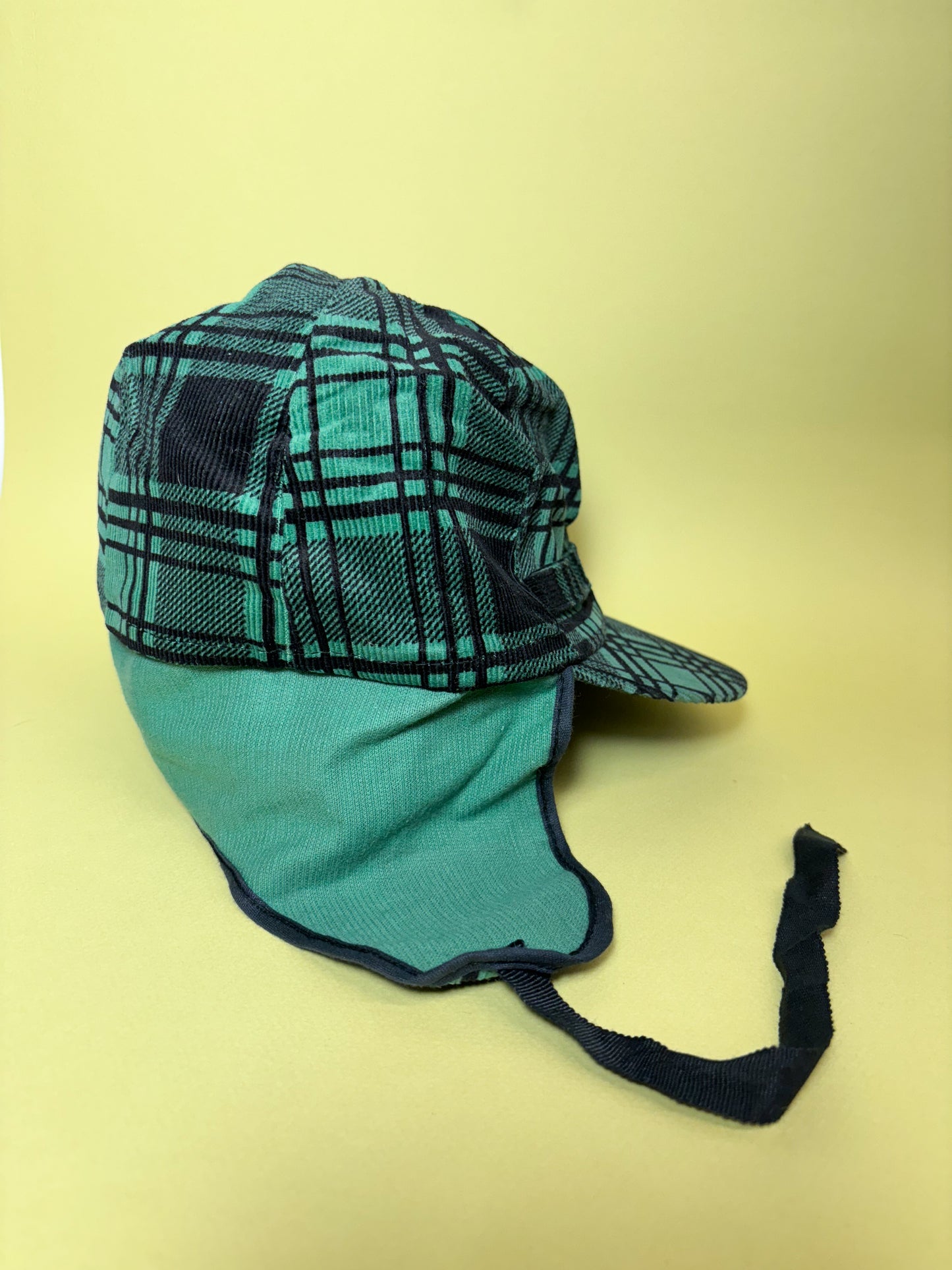 50's Mrs. Maisel Green & Black Tartan Corduroy Earflap Winter Baseball Cap