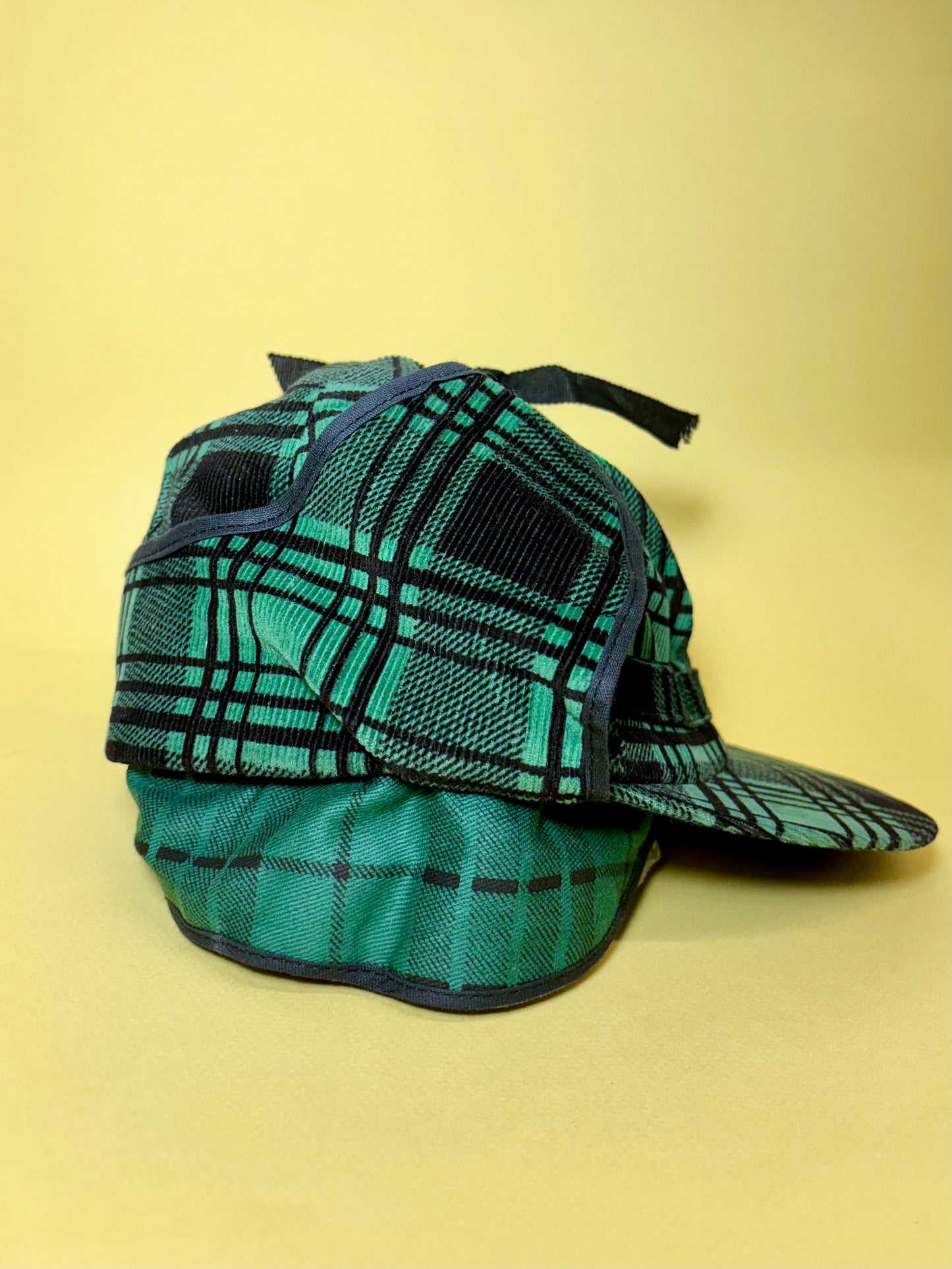 50's Mrs. Maisel Green & Black Tartan Corduroy Earflap Winter Baseball Cap