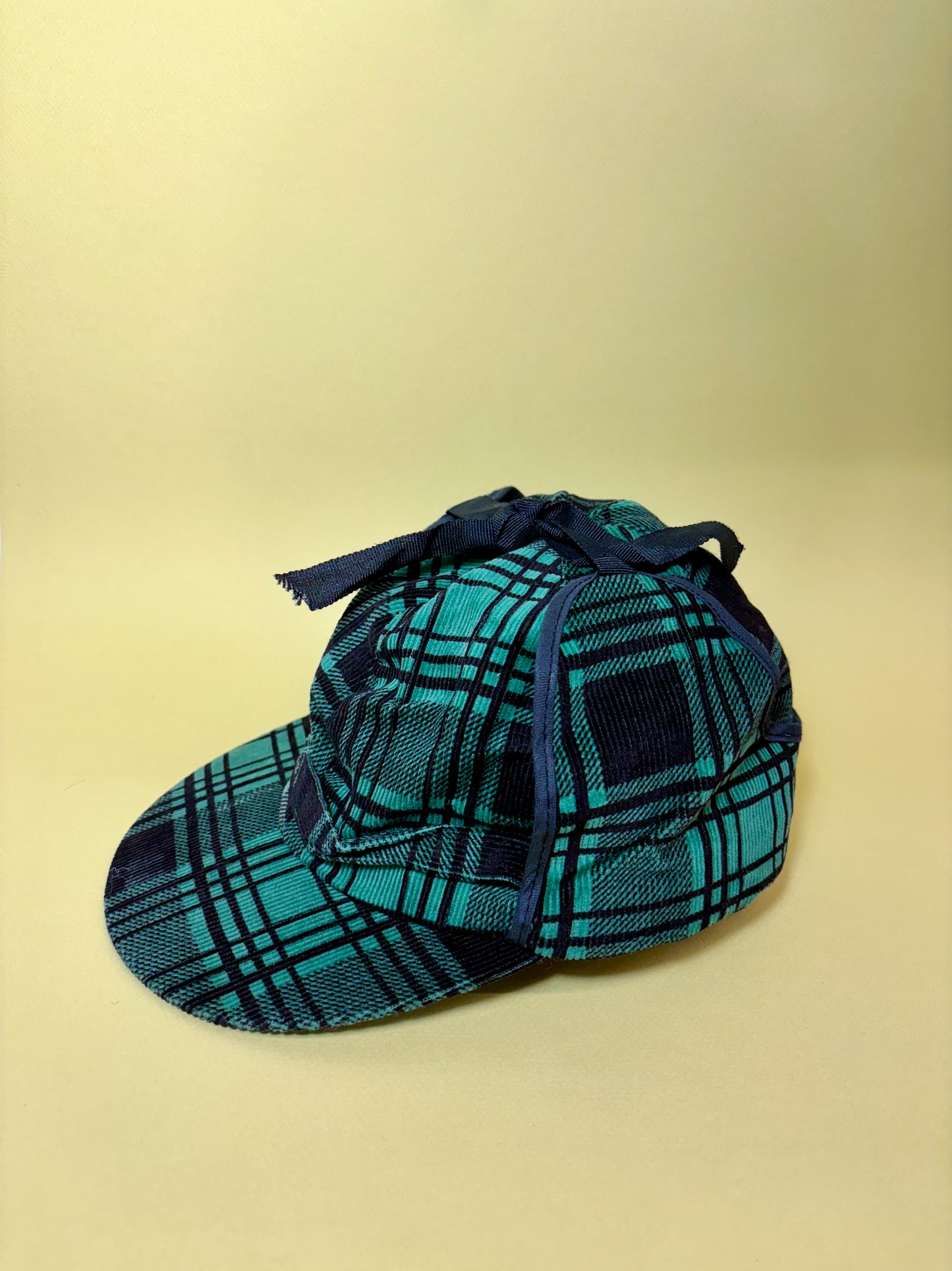 50's Mrs. Maisel Green & Black Tartan Corduroy Earflap Winter Baseball Cap