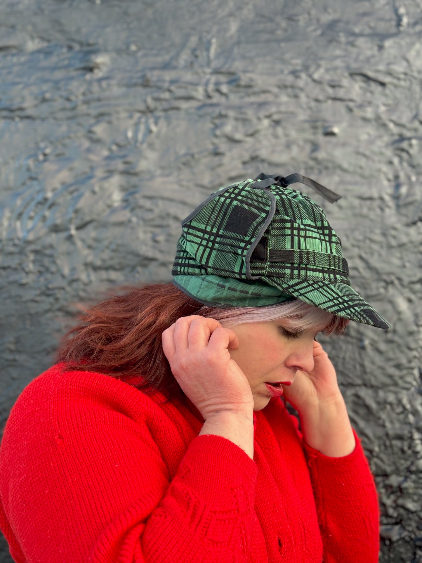 50's Mrs. Maisel Green & Black Tartan Corduroy Earflap Winter Baseball Cap