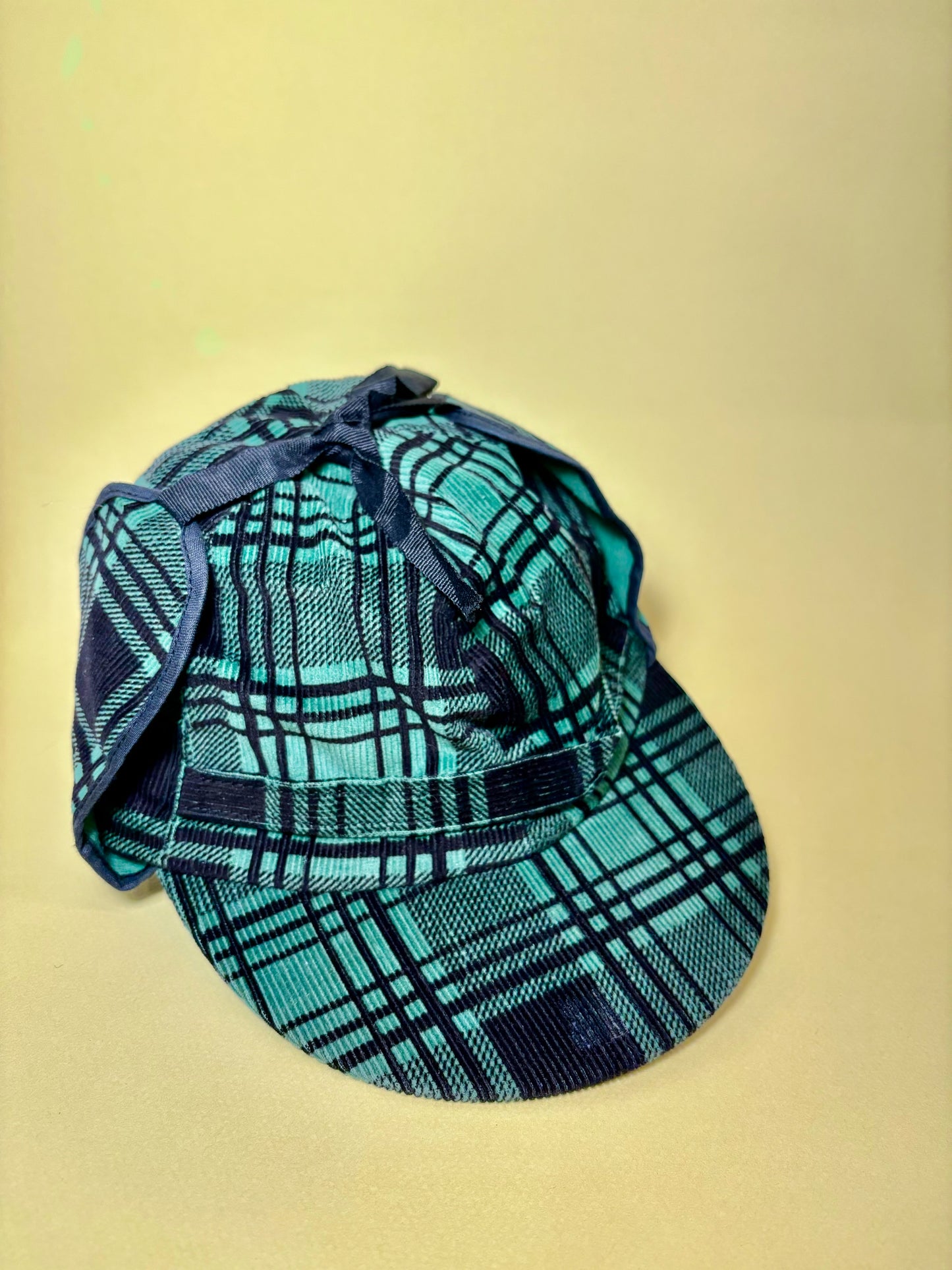 50's Mrs. Maisel Green & Black Tartan Corduroy Earflap Winter Baseball Cap