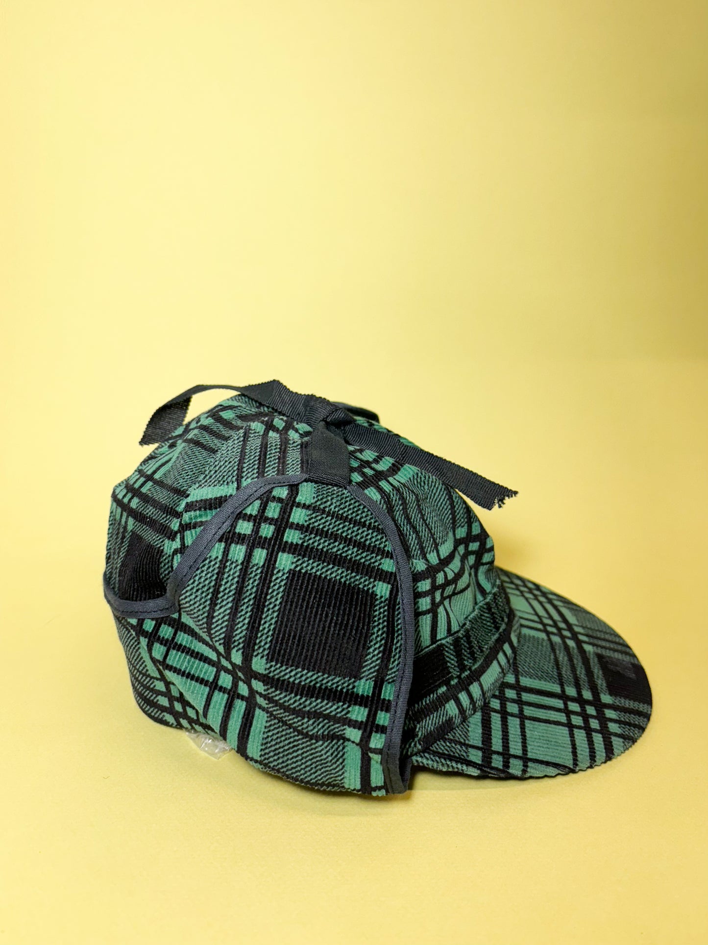 50's Mrs. Maisel Green & Black Tartan Corduroy Earflap Winter Baseball Cap