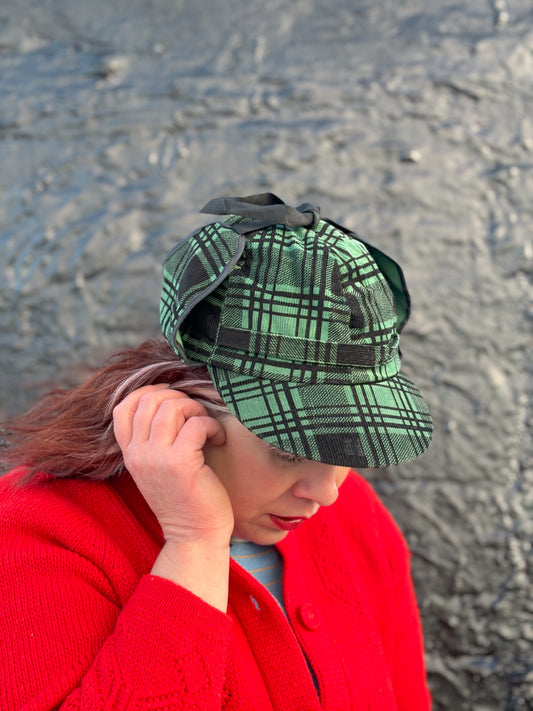 50's Mrs. Maisel Green & Black Tartan Corduroy Earflap Winter Baseball Cap