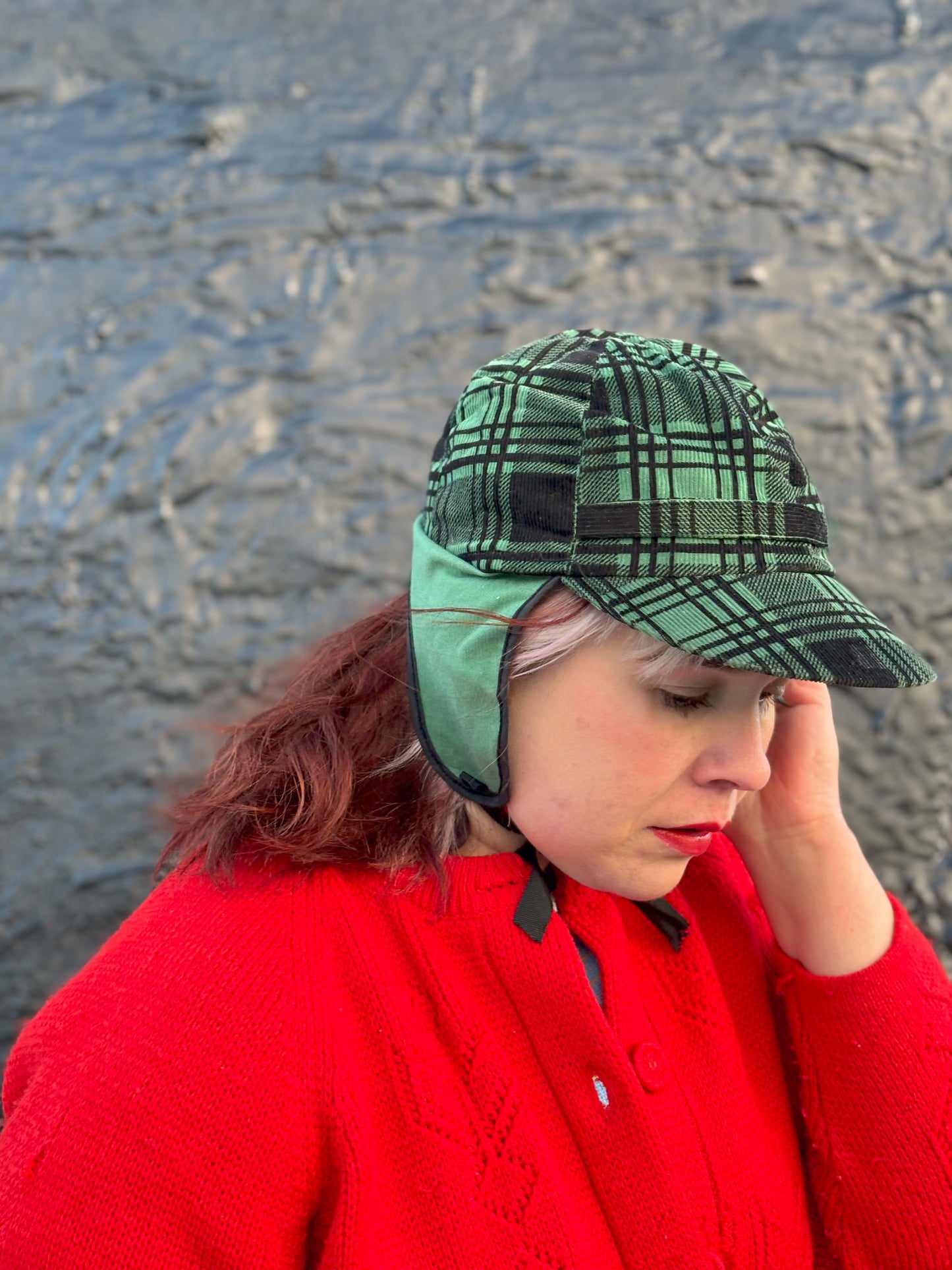 50's Mrs. Maisel Green & Black Tartan Corduroy Earflap Winter Baseball Cap