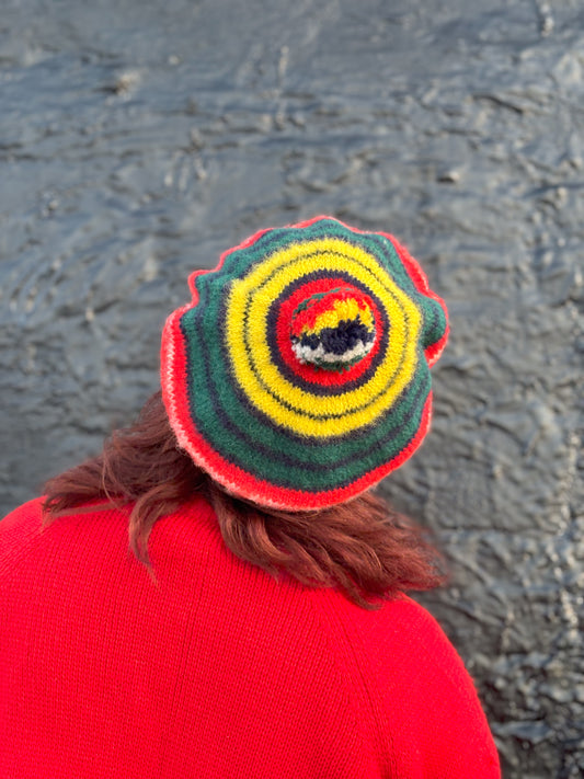60's Mrs. Maisel Rainbow Red Yellow Green Blue Striped Wool Tam Beret