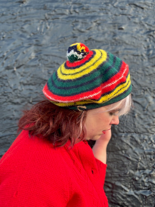 60's Mrs. Maisel Rainbow Red Yellow Green Blue Striped Wool Tam Beret