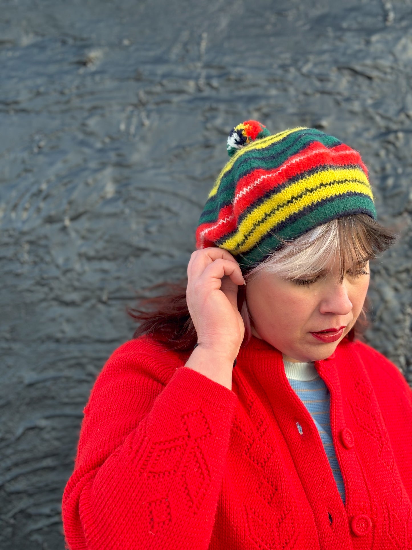 60's Mrs. Maisel Rainbow Red Yellow Green Blue Striped Wool Tam Beret