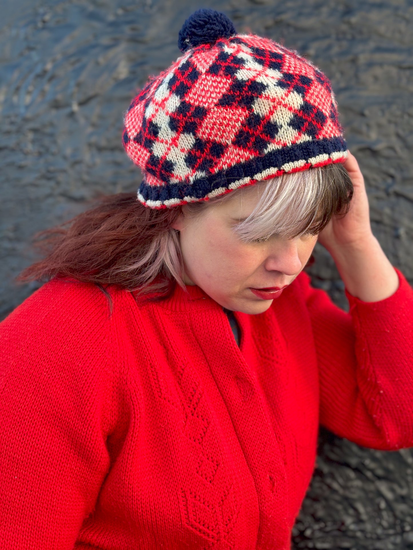 50’s 60's "Marvelous Mrs. Maisel" Red, Navy & White Argyle Winter Hat