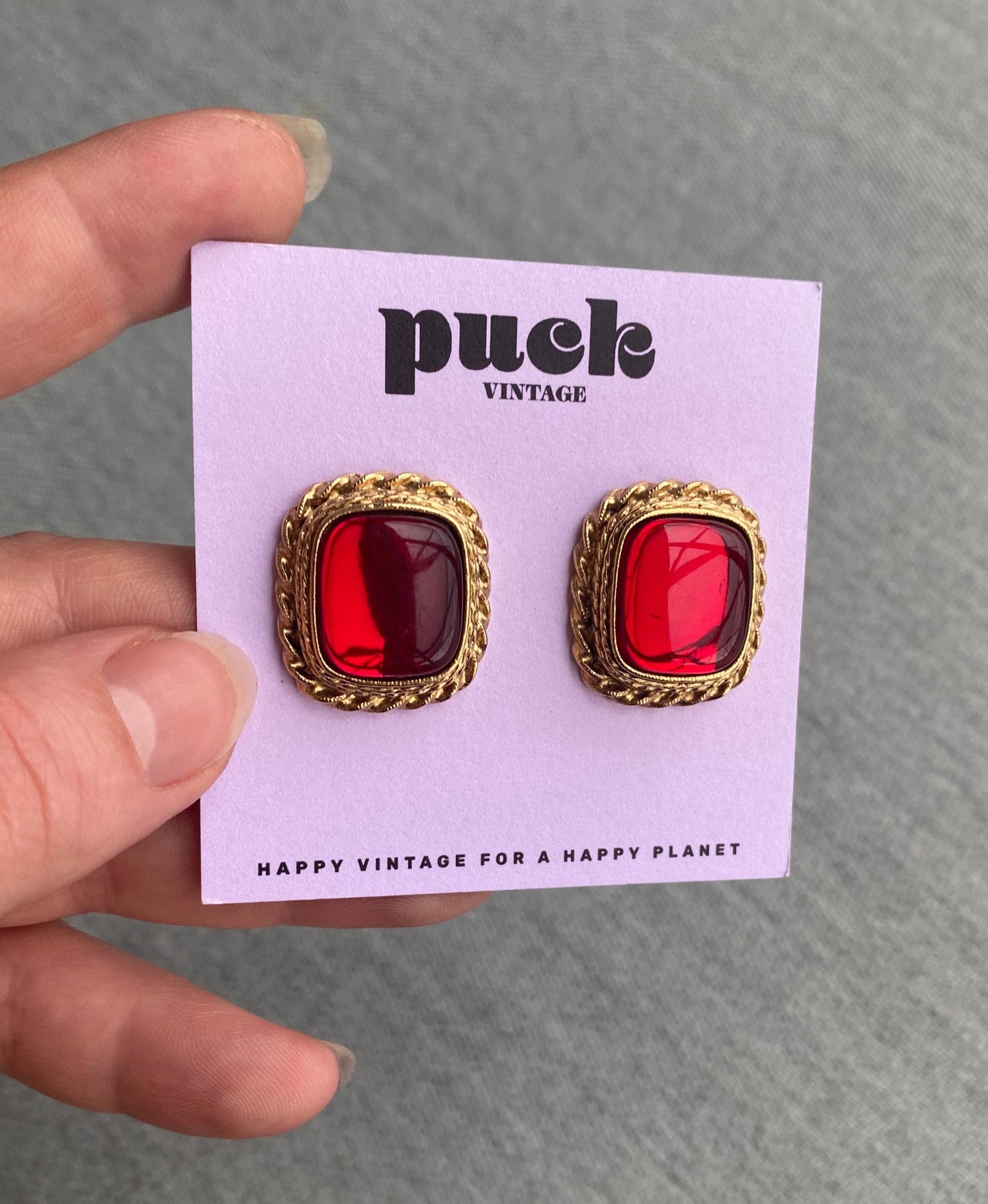 80's Ruby Square Cabachon Gold Rope Pierced Earrings