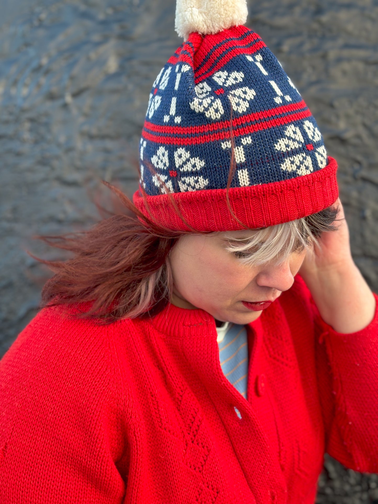 60's "Marvelous Mrs. Maisel" Red, Blue & White Fairisle Winter Beanie