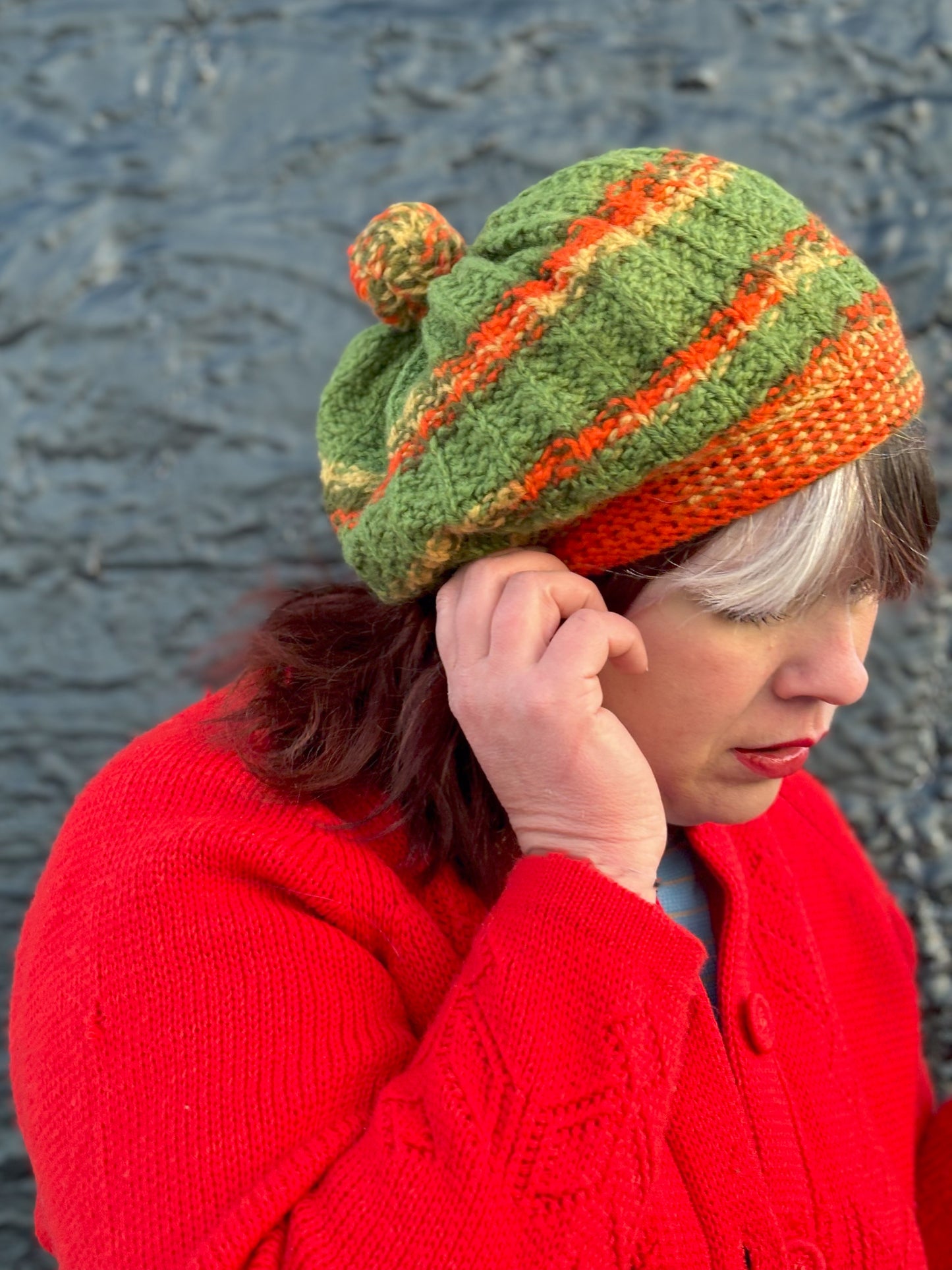 60's "Marvelous Mrs. Maisel" Green Yellow Orange Striped Winter Beret