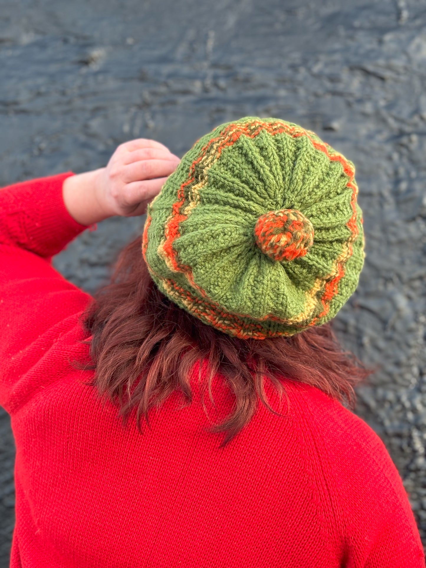 60's "Marvelous Mrs. Maisel" Green Yellow Orange Striped Winter Beret