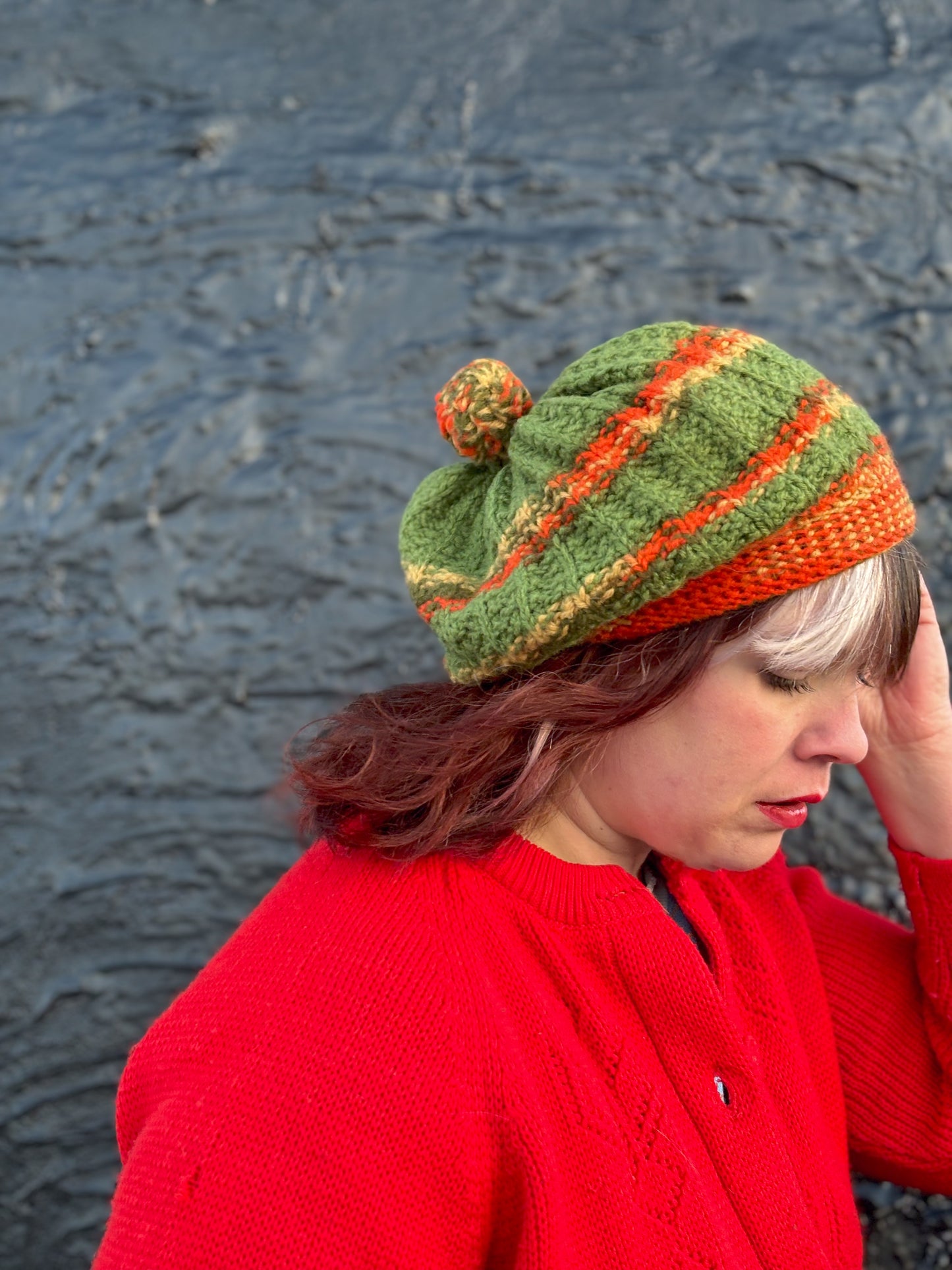 60's "Marvelous Mrs. Maisel" Green Yellow Orange Striped Winter Beret