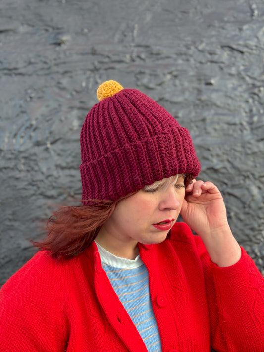 Vintage "Marvelous Mrs. Maisel" Maroon Knit Beanie with Golden Yellow Pom